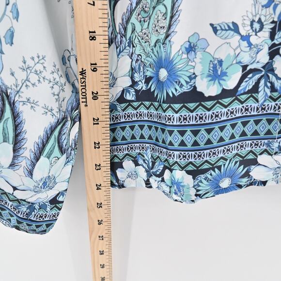 FATE Womens Billow Sleeve Blouse Top Sz S Blue Floral Tie Neck Button Boho Retro - Picture 4 of 12